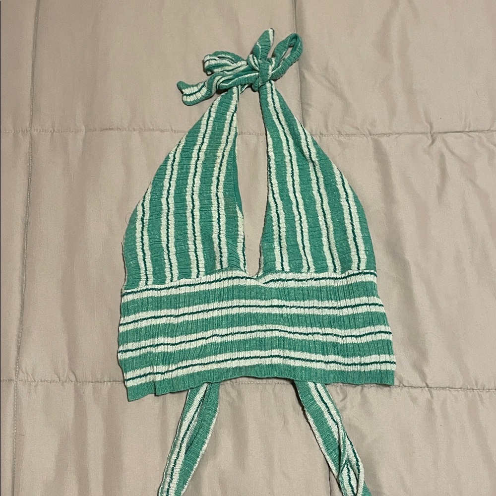 FP Beach Teal Green Knit Cropped Halter Top with Ties